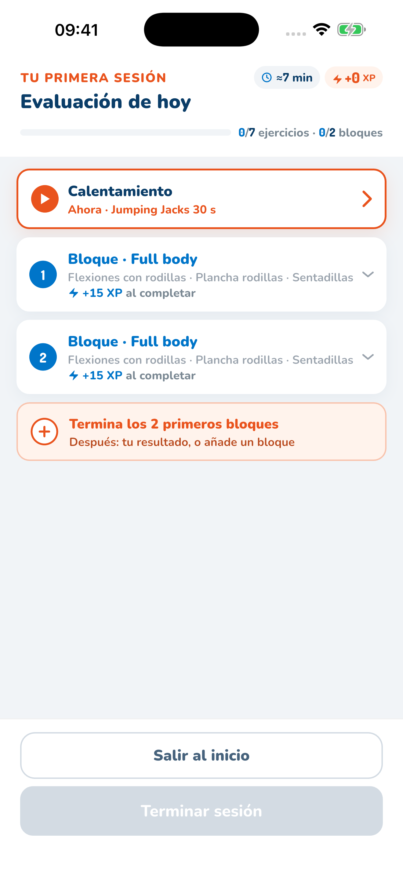 Hoja de ruta de Gymi: 7 ejercicios en 2 bloques; datos de ejemplo