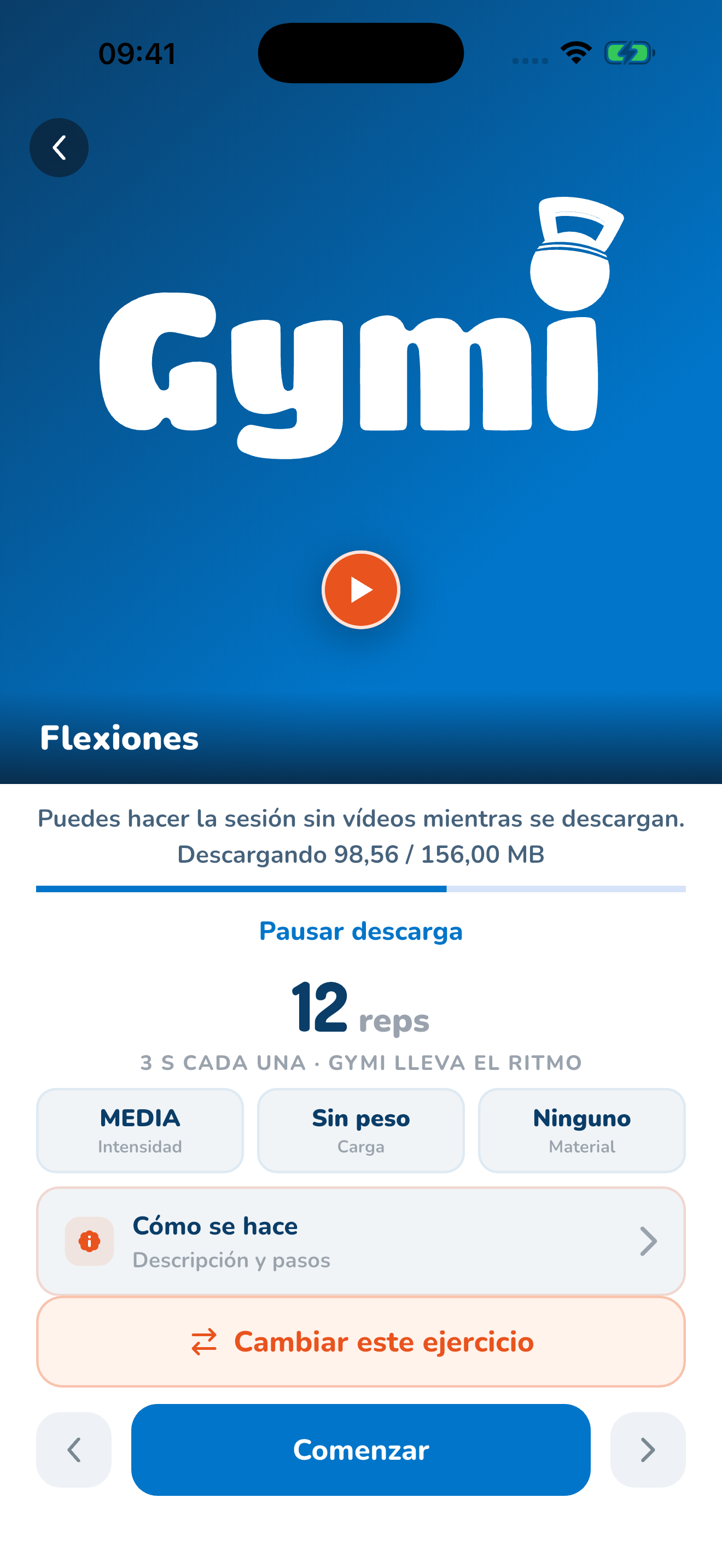 Flexiones en Gymi: 12 repeticiones, intensidad y botón para comenzar; datos de ejemplo