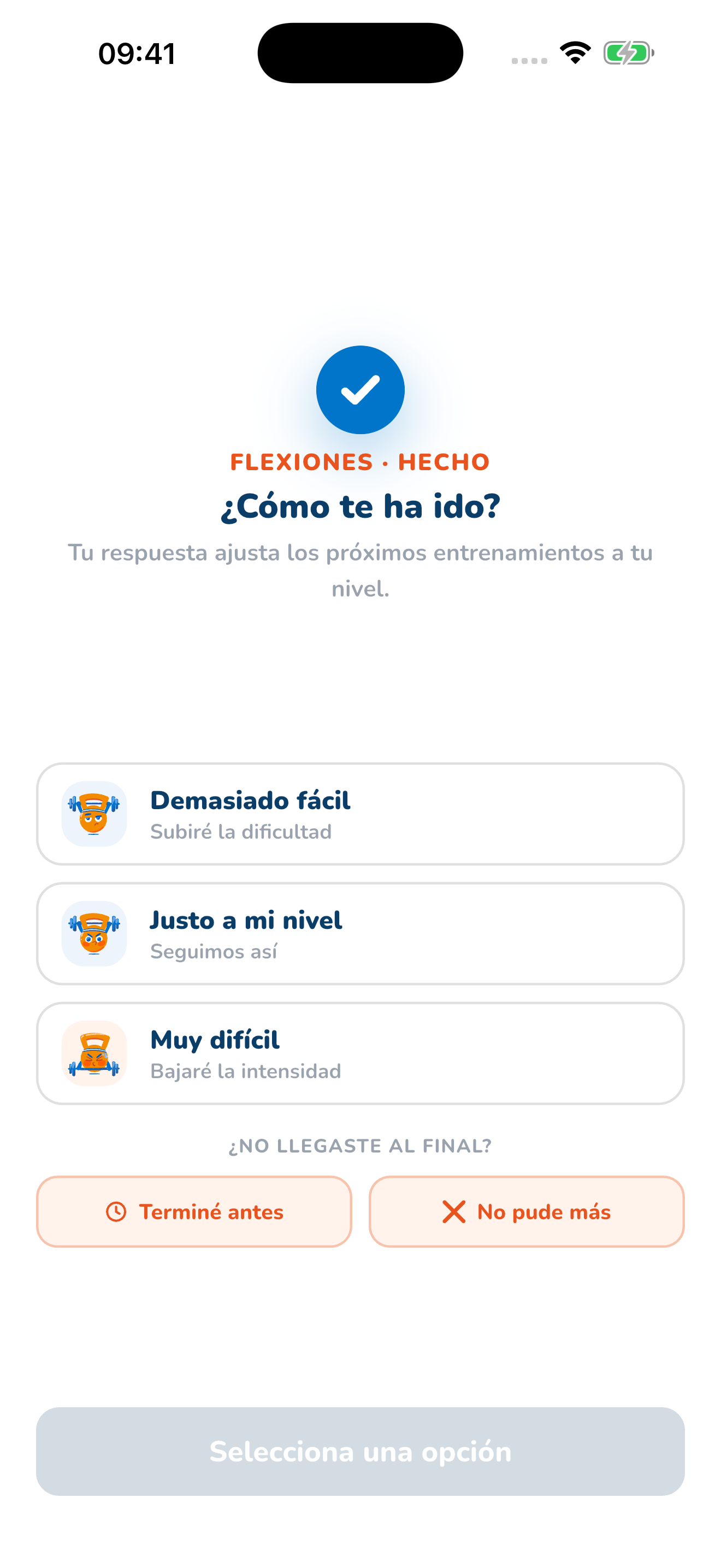 Valoración de Flexiones en Gymi: demasiado fácil, a mi nivel o muy difícil; datos de ejemplo