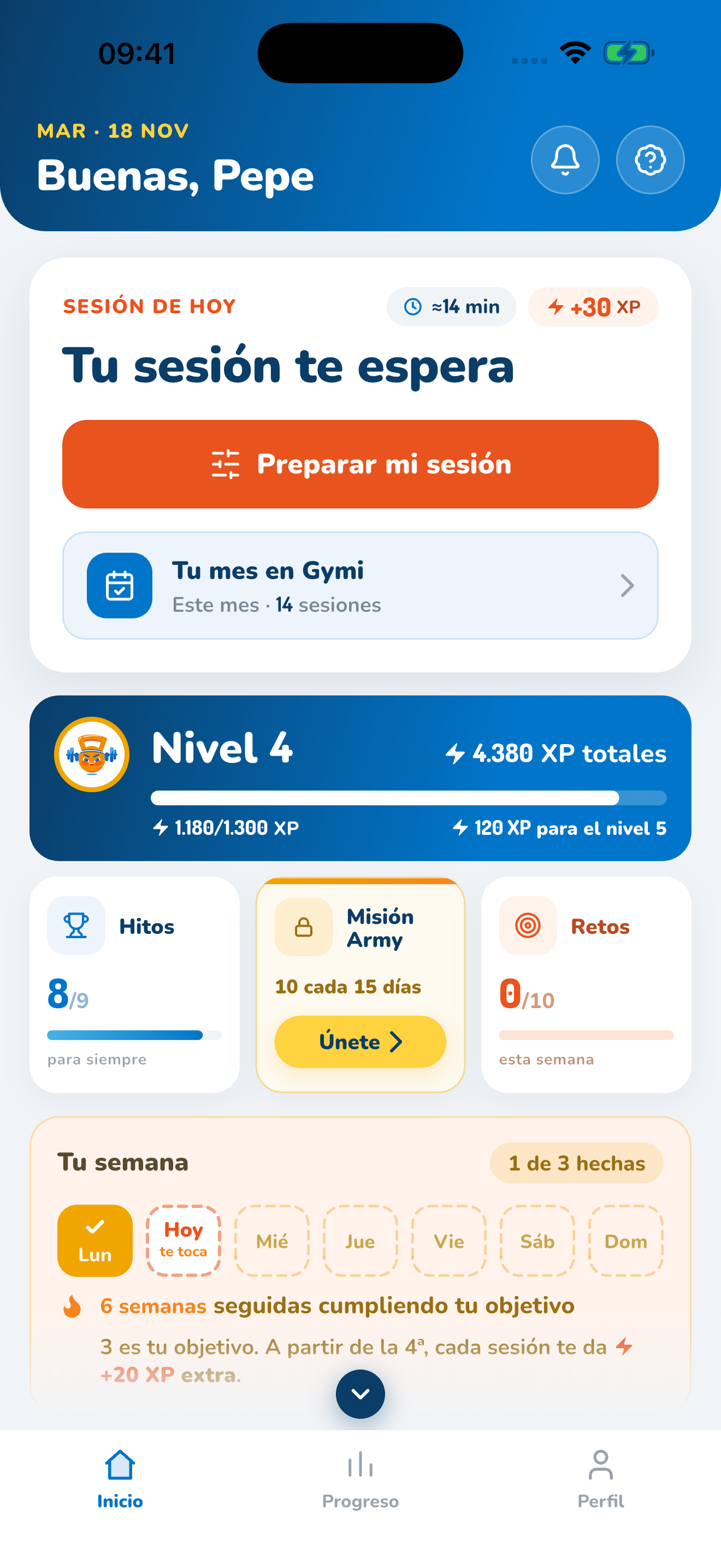 Inicio de Gymi: Buenas, Pepe, sesión pendiente, nivel 4 y 4.380 XP; datos de ejemplo