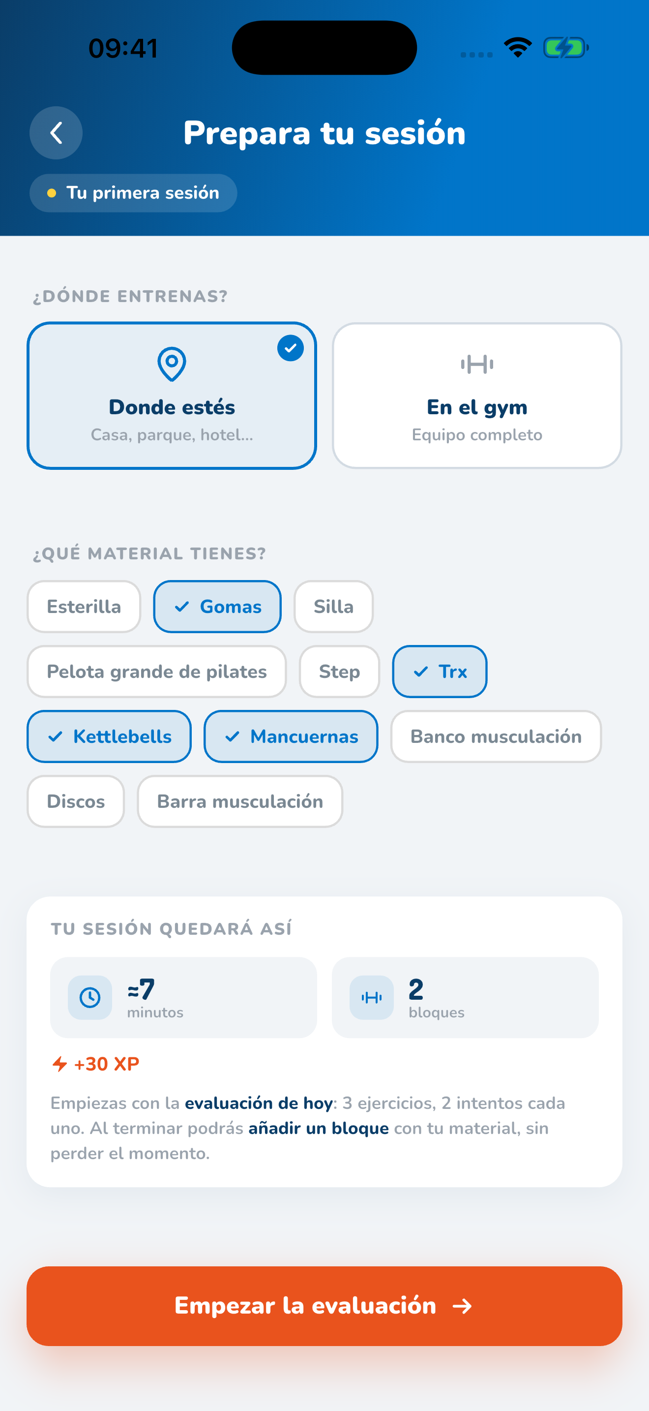 Preparar sesión en Gymi: opción Donde estés y selección de material; datos de ejemplo