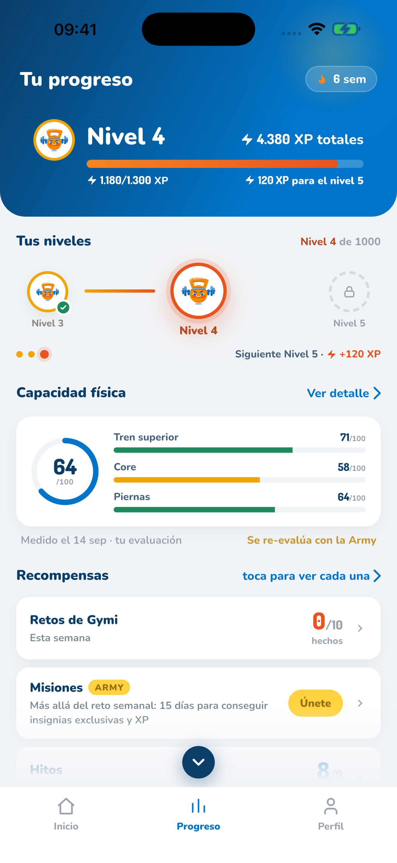 Progreso de Gymi: capacidad física 64/100, niveles y recompensas; datos de ejemplo
